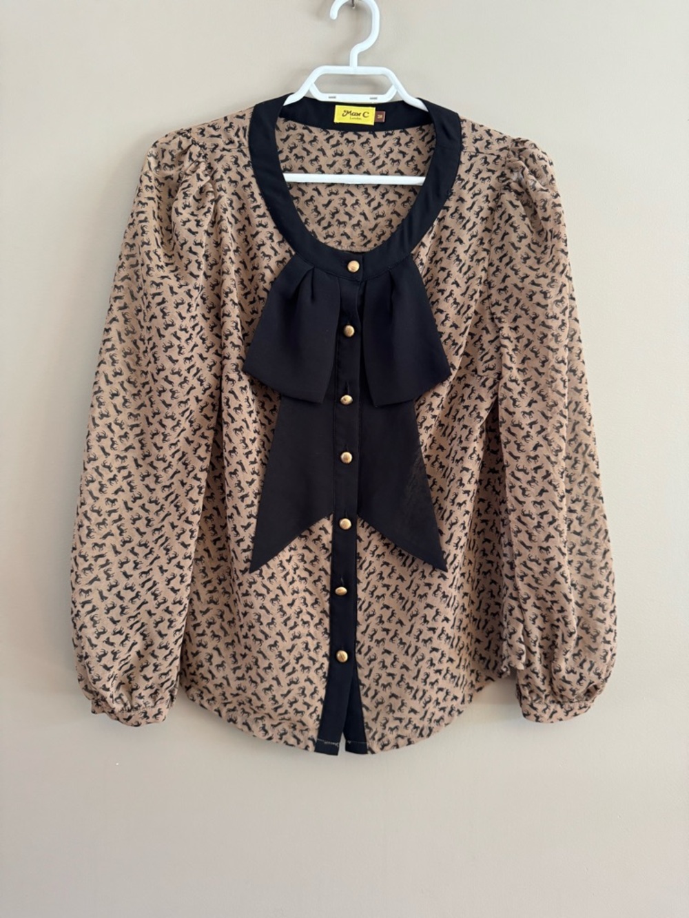Horses print Blouse with Black Bow Placket - Feminine Puff Sleeve Top size M